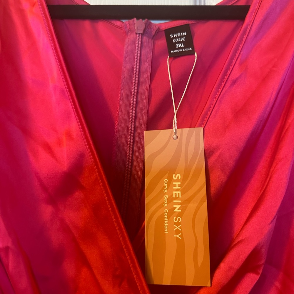 SHEIN SXY: two toned, lantern sleeve, ruched thigh split, satin dress
